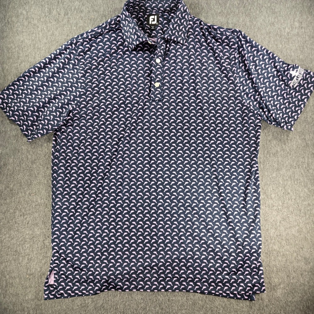 FootJoy Polo‎ Shirt Mens Large Navy Pink Dolphin Print Las Vegas Country Club